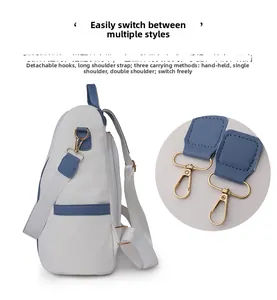Detail of the blue and white contrasting backpack showing the removable gold metal hooks