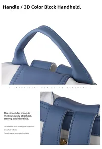 Detail view of blue and white contrast leather backpack with reinforced stitching handles
