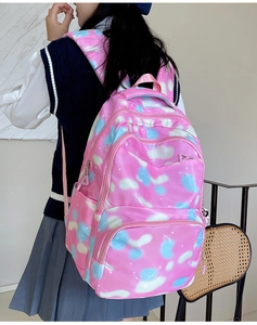 Close-up of pink and blue sky pattern nylon backpack showing side pocket and zippers
