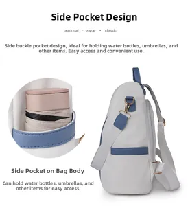 Detail view of the side pocket on a white and blue backpack holding a folded umbrella