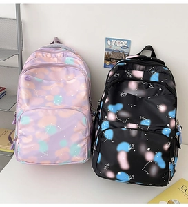 Detailed comparison of lilac and black nylon backpacks with starry sky and constellation patterns