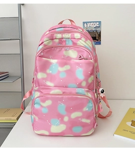 Detail of pink nylon backpack with cloud print, multi-zipper pockets and astronaut charm