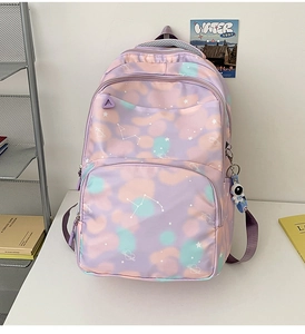Detail of the purple galaxy print nylon backpack with multiple zippers and astronaut charm