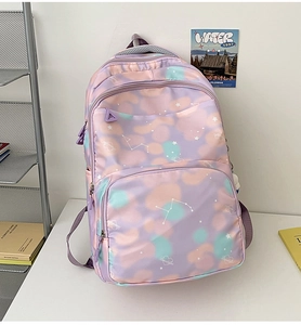 Detail of light purple nylon backpack with star constellation patterns and zip pockets