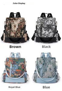 Detail view of four jacquard floral nylon backpacks in brown, black, royal blue and blue