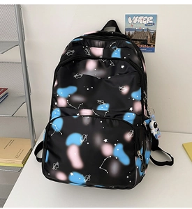 Detail of waterproof nylon backpack with starry sky print and astronaut charm