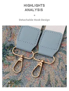 Detail of detachable gold metal hooks with light blue lychee leather and white nylon straps