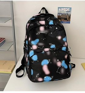 Close-up of starry nebula print on waterproof nylon backpack with Beautiful lettering