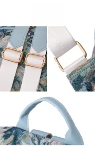 Detail of jacquard weave fabric backpack with blue leather trim and golden metal buckles