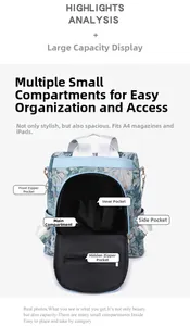 Detail view of floral nylon backpack with multi-pocket storage for A4 and iPad
