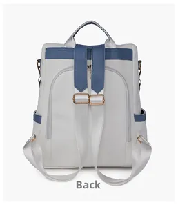 Back view of color-block backpack showing anti-theft zipper and adjustable straps