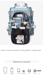 Detail view of large nylon backpack interior showing multi-pocket structure and storage space