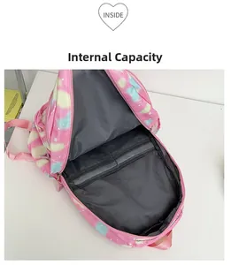 Detail view of the spacious inner compartment with multiple pockets in a nylon backpack
