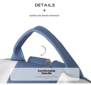 Macro detail of the comfortable blue and white leather handle with reinforced stitching