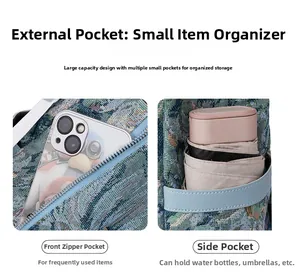 Detail of floral nylon backpack showing front zipper pocket for phone and side umbrella pocket