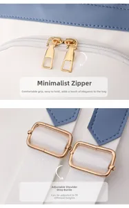 Detail of gold metal double zippers and adjustable buckles on a stylish backpack