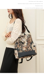 Floral print nylon backpack worn by a model against a minimalist indoor background