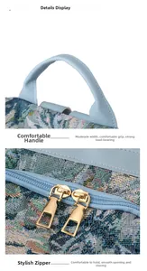Detail of blue floral nylon backpack showing sturdy arc handle and smooth gold dual zippers
