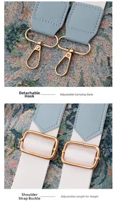 Detail of detachable gold hook and blue leather strap on floral nylon backpack