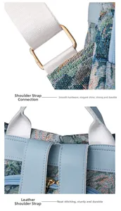 Close-up of ethnic jacquard fabric with leather handle and golden metal buckles