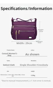 Detailed view of purple Oxford cloth bag with dimensions 23x29x12cm and shoulder strap