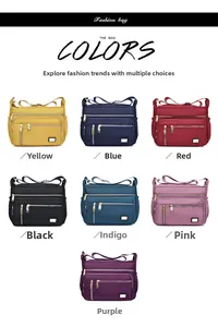 Multiple colors of water-resistant nylon shoulder bags showing seven different color options