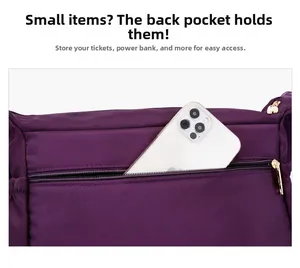 Detail of purple Oxford fabric bag featuring a secure back zipper pocket for smartphones