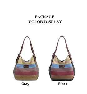 Détails du sac cabas rayé montrant les panneaux latéraux gris et noirs du modèle