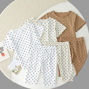 Kids Polka Dot Ribbed Pajamas Set Short Sleeve T-Shirt And Pants Summer Cotton Loungewear For Boys Girls