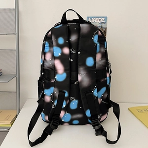 Minimalist nylon backpack with galaxy pattern and wide shoulder straps for students