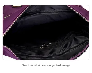 Detailed macro view of the multi-compartment interior and metal zippers of the purple bag