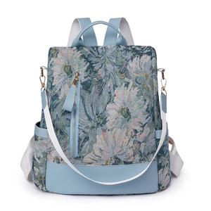Women's Fashion Jacquard Backpack Vintage Floral Print Nylon Travel Bag Large Capacity Anti-theft Rucksack With Leather Trim