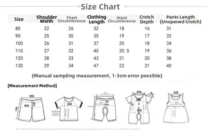 Detailed size chart for baby summer pajamas set including shoulder, bust, and length measurements