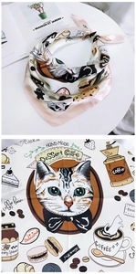 Detail of silk square scarf featuring vintage cat and dessert cafe illustration print