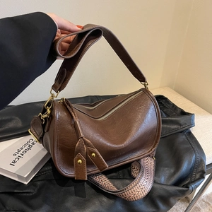 Women Vintage PU Leather Cylindrical Shoulder Bag Wide Patterned Strap Fashion Lettering Tassel Crossbody Bag Street Purses