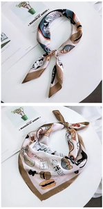 Detail of satin square scarf featuring cartoon dessert prints and brown border