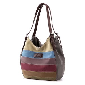 Sac à bandoulière en toile grande capacité avec rayures colorées et anses en cuir