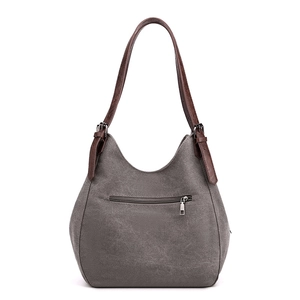 Grand sac hobo en toile gris foncé avec bandoulière en cuir marron et poche zippée
