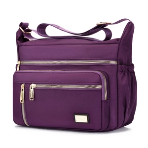 Waterproof purple Oxford fabric shoulder bag with multiple gold zipper compartments