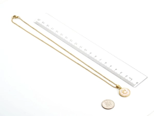 Detailed measurement showing an 18K gold plated stainless steel letter C shell necklace