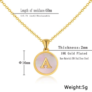 Detail view of 18K gold plated stainless steel necklace with pink shell letter A pendant