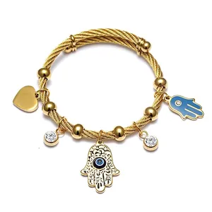 Hamsa Hand Evil Eye Heart Zircon Charms Bracelet For Women Stainless Steel Wire Cable Bangle Fashion Jewelry