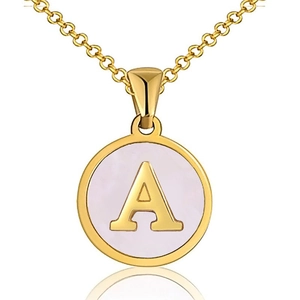 Initial Letter Necklace For Women 18K Gold Plated Stainless Steel Round Pink Mother Of Artificial Pearl Shell Pendant Jewelry