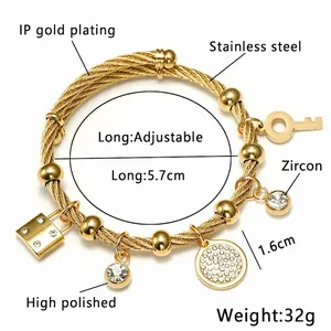 Adjustable 18K gold plated stainless steel bracelet with zircon charms and charms details