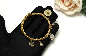 Detailed close-up of gold 18K plated cable bracelet with Tree of Life and zircon charms