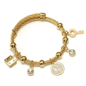 Stainless Steel Cable Bracelet 18K Gold Plated Adjustable Bangle With Lock Key Charms Zircon Fashion Jewelry For Women