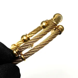 18K gold plated stainless steel cable twisted bangle with polished metallic beads for women