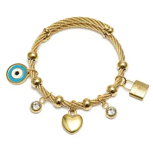 Bohemian Edelstahl Draht Armreif Für Damen Mit Bösem Blick Herz Schmetterlingsschloss Anhängern 18K Vergoldet
