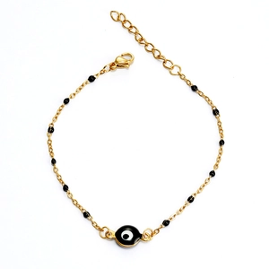 Bracciale occhio di Allah in acciaio dorato con perline nere e catena regolabile