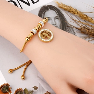 Bracelet ajustable en maille serpent plaqué or 18 carats avec pendentif arbre de vie